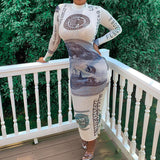 Fashion casual round neck dress fall 2020 new dollar print long sleeve dress