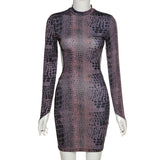 2020 Foreign Trade Autumn/winter sexy snake-print slim dress with round neck and long sleeves