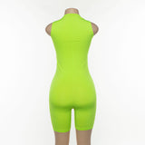 women playsuit solid Fluorescence skinny bodysuit spring summer sleeveless sexy v-neck zipper fly short outfit romper