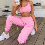 New women tracksuit sleeve short crop top vest long cargo pants suits two piece set sport outfit