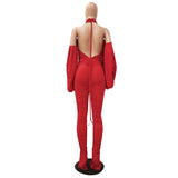 Phoenix Fashion sexy women jumpsuit+Pleated split stacked sleeves sexy backless jumpsuit