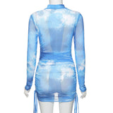 sexy skinny mesh mini bodycon dress tie dye bandage summer fashion female outfit dresses for women long sleeve