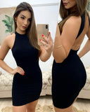 New arrival summer halter solid color backless sleeveless sexy dresses for night club bodycon mini dress women