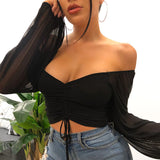 X00173C Drawstring Ruched Sexy Blouse Women Puff Sleeve Off Shoulder Sheer Female Tops and Blouses Shirts Short Streetwear