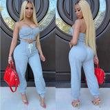 Summer Clothing For Women 2 PCS 2020 Zipper Crop Top And Pants Sexy Wrap Chest Casual Hight Waist Strap Two Piece Set