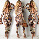 X01051M Sexy deep V-neck women's bodysuit Long sleeves fashion two pieces set Skinny high-elastic outfit in stock