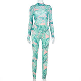 New arrival sport women two-piece set+Cool leaf print Chinoisse long sleeve jumpsuit with corset feet casual suit