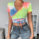 X00496S Summer New Fashion Tie Dye Printed CropTops Women Slim Short Crop Tops Casual Knitted Camis Streetwear Clothes