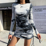 New sexy slim tie-dye print skirt slim long sleeve pleated dress