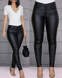 X01926C Solid Women Faux Leather Pant Side Slit Pencil Trousers Streetwear Elegant High Waist Office Lady Vintage Leisure Pants