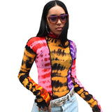 X00812C fashion mesh Colorful print Ruffle tops women basic T-shirts hot sale Thin Slim street Casual tee shirts mujer