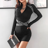 2020 New Monogrammed zipper slim dress with high collar sexy knit skirt casual black dress in stock