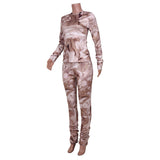 Print pleated casual long sleeve pant suit two-piece high quality fitness set two pieces