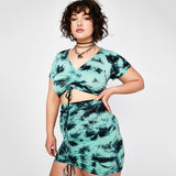 X00189S Summer 2021 new fashion tie dye print suit deep V short sleeve blouse wrinkles high-waisted sexy hip wrap skirt outfit