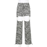 X00624M Animal striped slacks with hollowed-out chains drawstrings and high-waisted pants