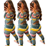 Phoenix New autumn color stripe thread long sleeve two-piece set Hollow out bind stripe suit