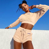 Ribbed Letter Embroidery Casual Loungewear Two Piece Sets Women Long Sleeve Fall 2021 Crop Top And Shorts Tracksuits