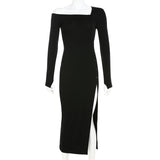 2020 New irregular sexy oblique shoulder-split bag hip high waist MIDI dress black in stock