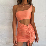 One Shoulder Summer Sexy Bodycon Dresses Women Hollow Out Ruched Backless Bandage Mini Club Party Dress