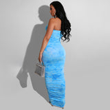 Tie Dye Ruched Strapless Maxi Dresses Women 2020 Summer Fashion Skinny Bodycon Clubwear Sexy Hot Party Dress Wrap Chest