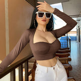 X01114M Hot style Sexy long sleeve crop tops Casual solid color T-shirt V-neck women's tops in stock