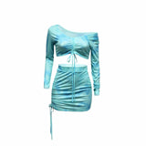 X00638M stylish two-pieces drawstring suit Tie-dye print pleated long sleeve two-piece set