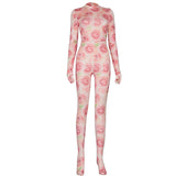 Phoenix Rose print back open zipper long sleeve cuff long trousers