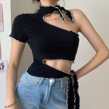 X00385M New women's irregular hollowed-out sexy tops strapless lace T-shirt street snap top