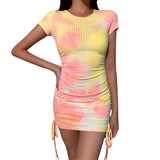 Tie Dye Ruched Women Bodycon Dresses Short Sleeve Fashion Skinny Casual Mini Dress 2021 Summer Slim Hot Clubwear