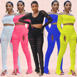 X00050L 2021 Hot sale gauze perspective two-piece sets sexy strapless crop top and pants solid color fashion slim outfits