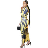 buttock sexy autumn dress Yellow sheath dress Print slim cover hip sexy dress