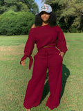 X00449L Phoenix Hot sale sexy women two-pieces sets+Solid color long sleeve knotted with fleece loose pants two piece suit