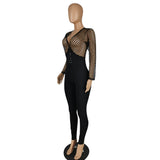 New arrival hot sale women jumpsuits+Fashion mesh spliced deep lady's jumpsuit