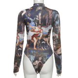 X00456L Fashion women bodysuits+Long sleeve fashion print slim sexy onesie