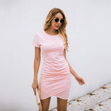 2020 solid color round neck short sleeve ruched summer ropa de mujer irregular mini dress