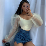 X00822C Sexy Mesh See Through Perspective Lantern Long Sleeve Crop Tops Women Backless Patchwork Slim U-Neck T-Shirt