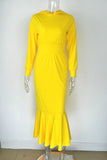 2020 Hot Trim waist and thicken hoodie fishtail dress Casual yellow long sleeve dress plus size in stock