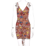 Butterfly Leopard Print Drawstring Mini Dress Women V Neck Sleeveless Clubwear Bodycon Sexy Party Dresses 2020 Summer