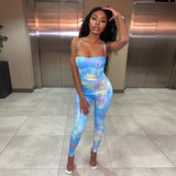 Phoenix Flora Print Tie Dry Sexy Women Jumpsuit Sleeveless Backless Skinny outfits One Piece Fashion Summer Hot Party