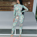 Phoenix Marine print back open zipper retractable body long sleeve girdle foot jumpsuit trousers