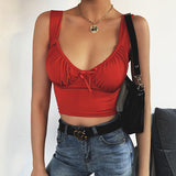 X00760C Sexy White Spaghetti Straps Low Cut Bow Ruches Crop Top 2021 Summer Women Sleeveless Camisole Top Female Skinny Bralette