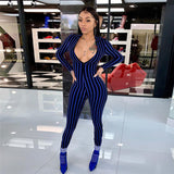 Women Long Sleeve V Neck Stripe Bodycon Jumpsuit Female Sexy Slim Casual Playsuits Clubwear Outfits