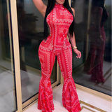 X00276L New arrival women two-piece set+Sexy net print bell-bottom pants two-piece set