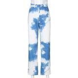 X00544M Women's new slim blue sky white clouds leisure street photography high waist straight tube pants