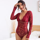 X00228S 2021 new women dress lace hollow-out see-through deep V onesie