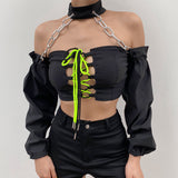 X00641M New women's chain long sleeve blouse chain sexy hollowed-out collared tie