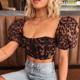 X01074C Bubble Sleeve Square Collar Leopard Top and Blouse Shirts Fashion Sexy Women's Blouses Shirt Elegant Tops Blouse