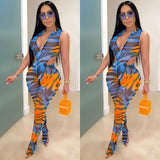 X00352S 2021 fashion women outfit Colorful printed screen vest with slit bell-bottom trousers