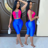 X00132L European and American sexy tight band hollow-out two-piece set sleeveless top and mid pants casual streetwear suits