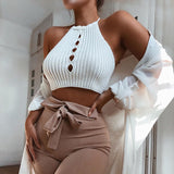 X00401M Sexy leaky top knit necktie vest sleeveless short T-shirt blouse